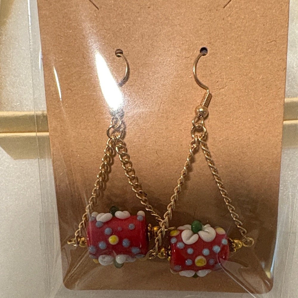Charming Red Floral Bead Earrings with Gold Chains